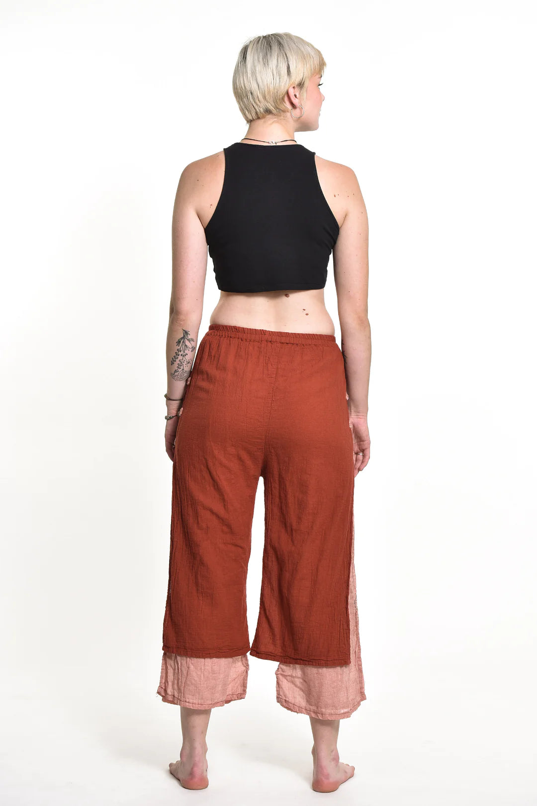 Women's Cotton Double Layers Cropped Pants in Solid Brick, Thailand