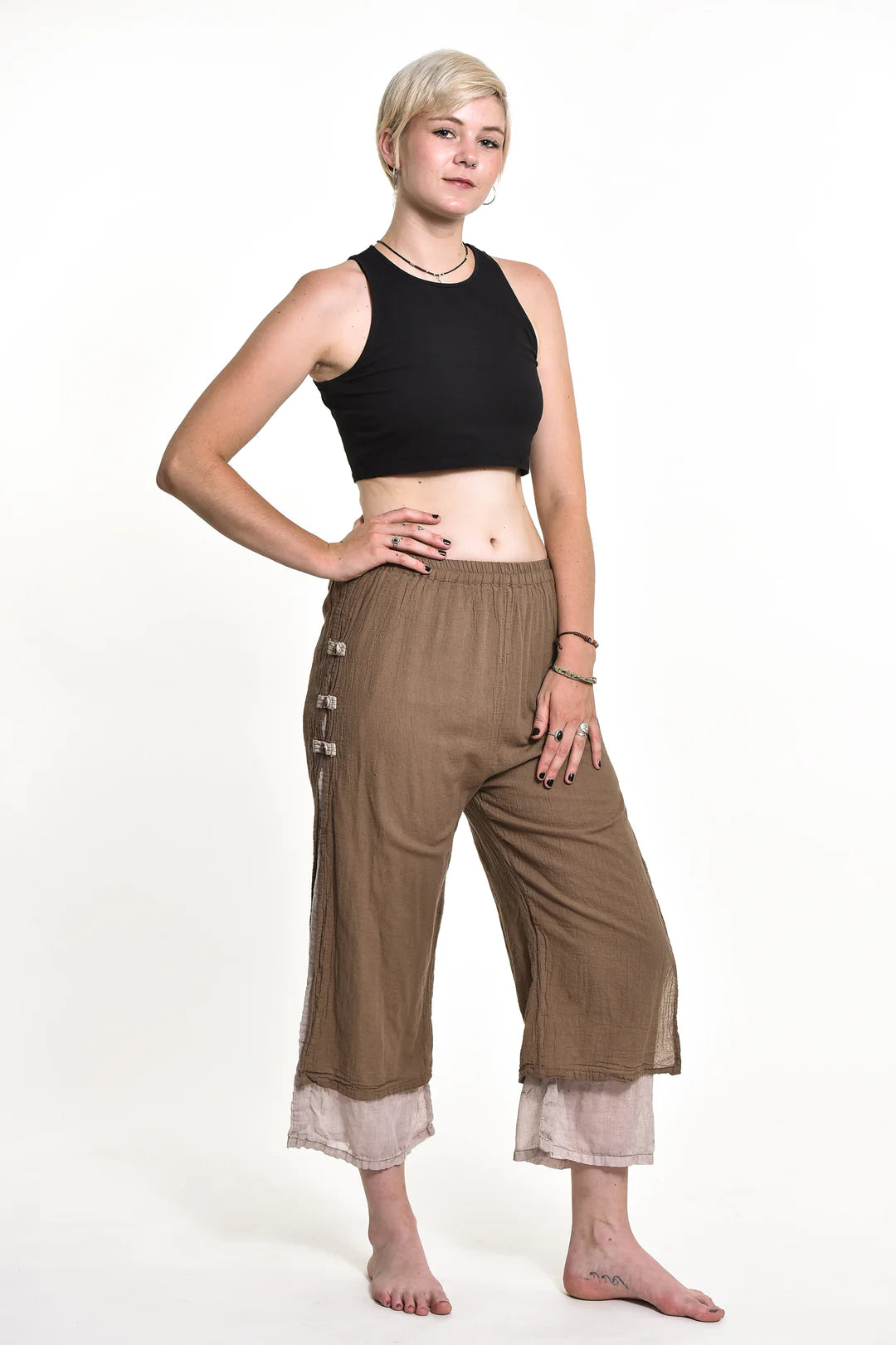 Women's Cotton Double Layers Cropped Pants in Solid Brown, Thailand