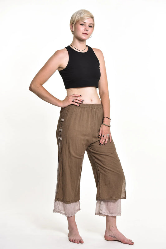 Women's Cotton Double Layers Cropped Pants in Solid Brown, Thailand