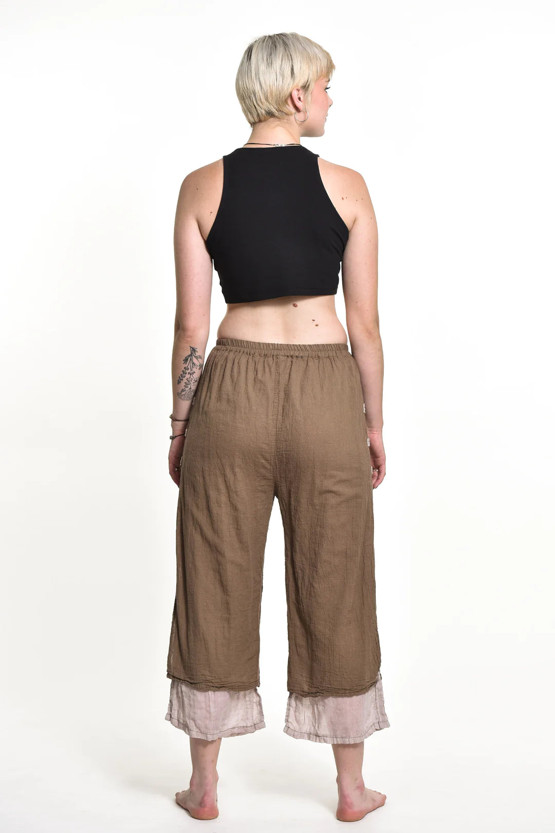 Women's Cotton Double Layers Cropped Pants in Solid Brown, Thailand