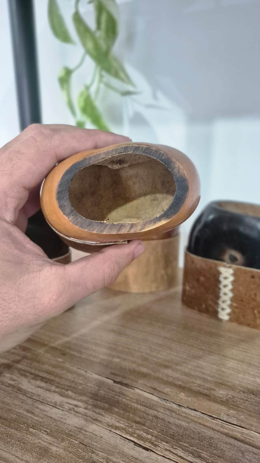 Rare Smoked Mate Galleta Gourd | Traditional Argentine Calabash Cup, Leather Base, ARGENTINA