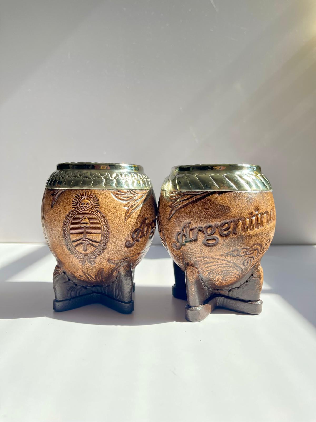Torpedo Mate Gourd-Handmade in Argentina-Genuine Leather-Hand-Chiseled Alpaca Rim-Argentine Coat of Arms-Luxury Artisan Mate