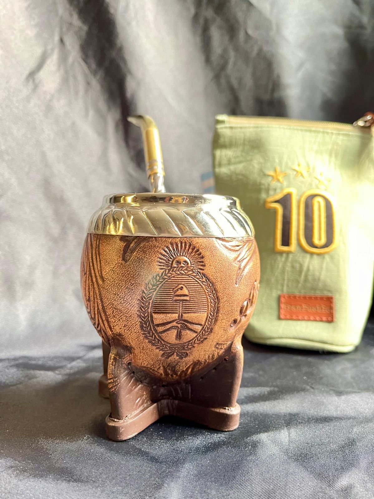 Torpedo Mate Gourd-Handmade in Argentina-Genuine Leather-Hand-Chiseled Alpaca Rim-Argentine Coat of Arms-Luxury Artisan Mate