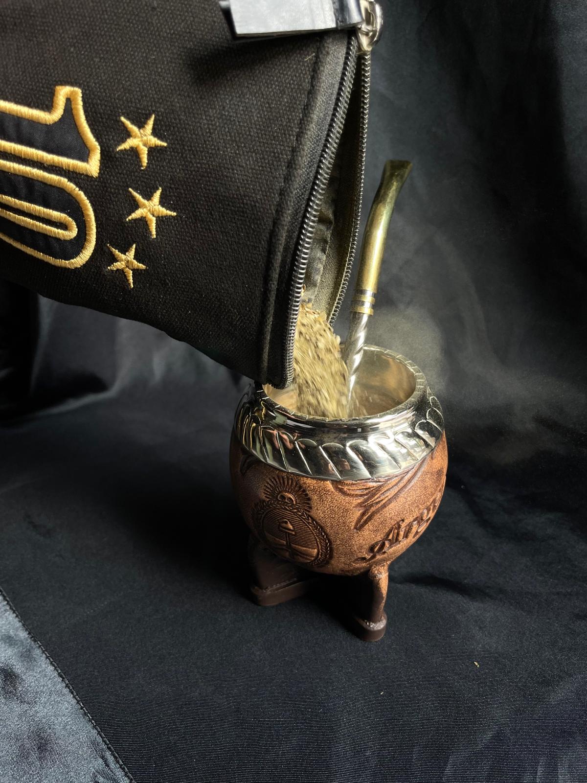 Torpedo Mate Gourd-Handmade in Argentina-Genuine Leather-Hand-Chiseled Alpaca Rim-Argentine Coat of Arms-Luxury Artisan Mate