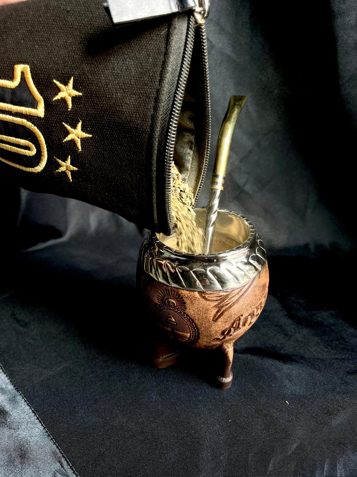 Torpedo Mate Gourd-Handmade in Argentina-Genuine Leather-Hand-Chiseled Alpaca Rim-Argentine Coat of Arms-Luxury Artisan Mate