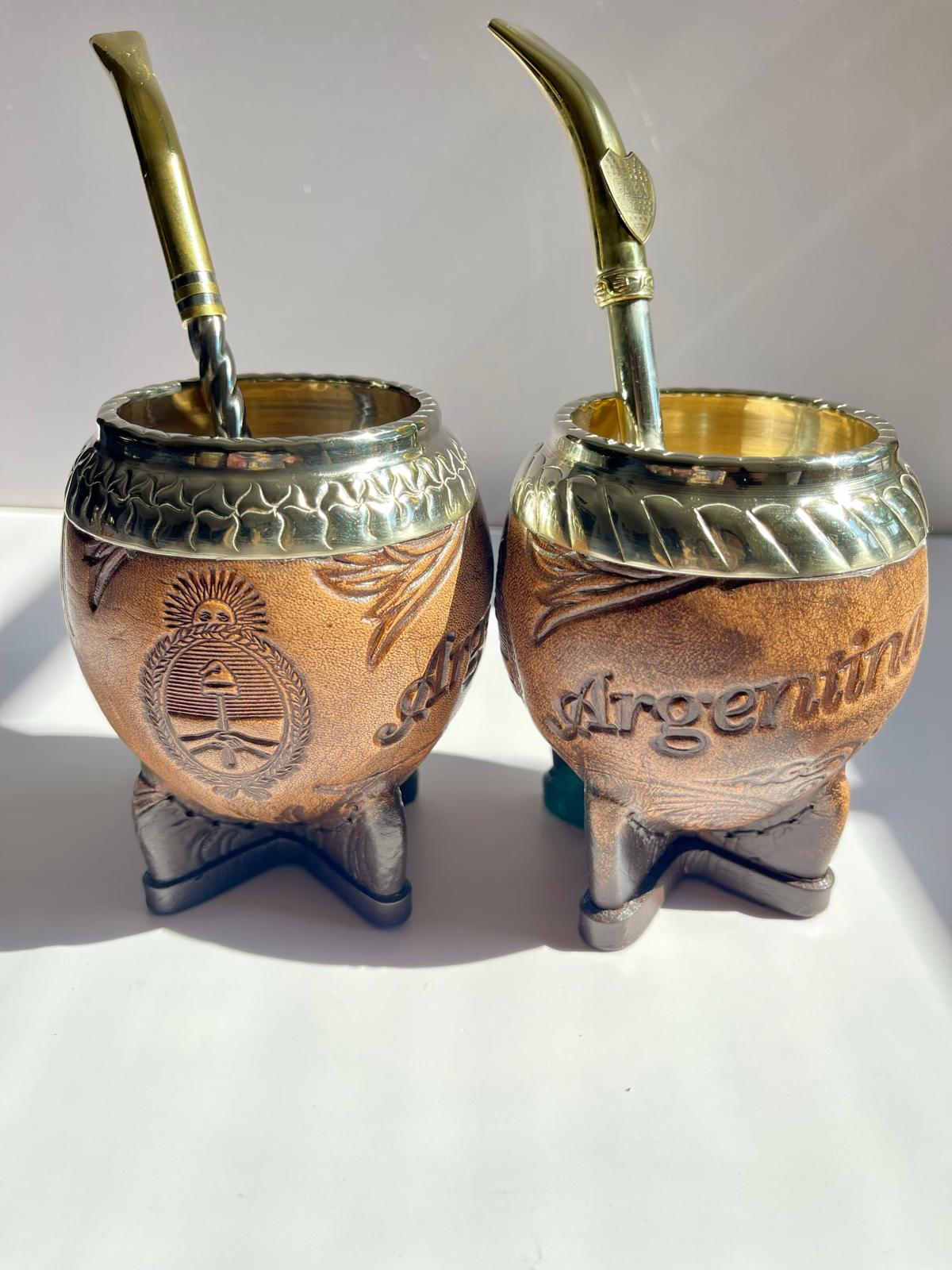 Torpedo Mate Gourd-Handmade in Argentina-Genuine Leather-Hand-Chiseled Alpaca Rim-Argentine Coat of Arms-Luxury Artisan Mate