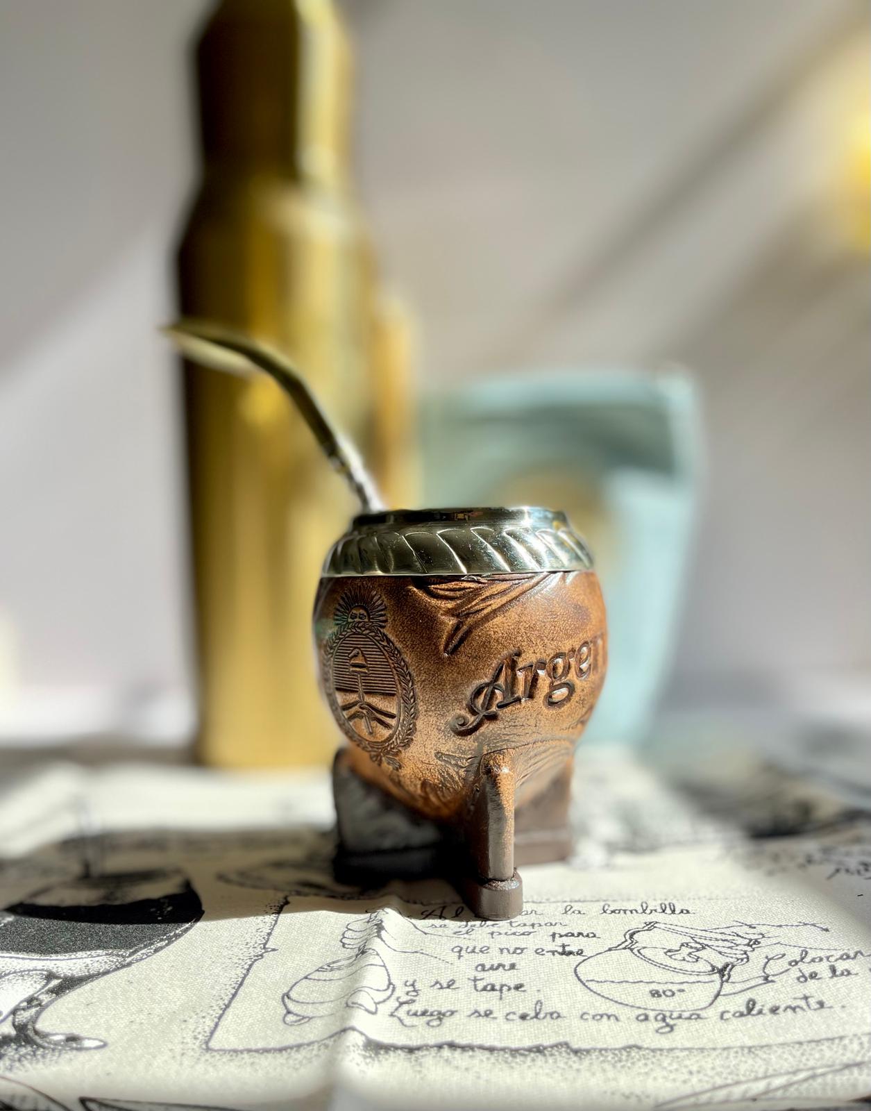 Torpedo Mate Gourd-Handmade in Argentina-Genuine Leather-Hand-Chiseled Alpaca Rim-Argentine Coat of Arms-Luxury Artisan Mate