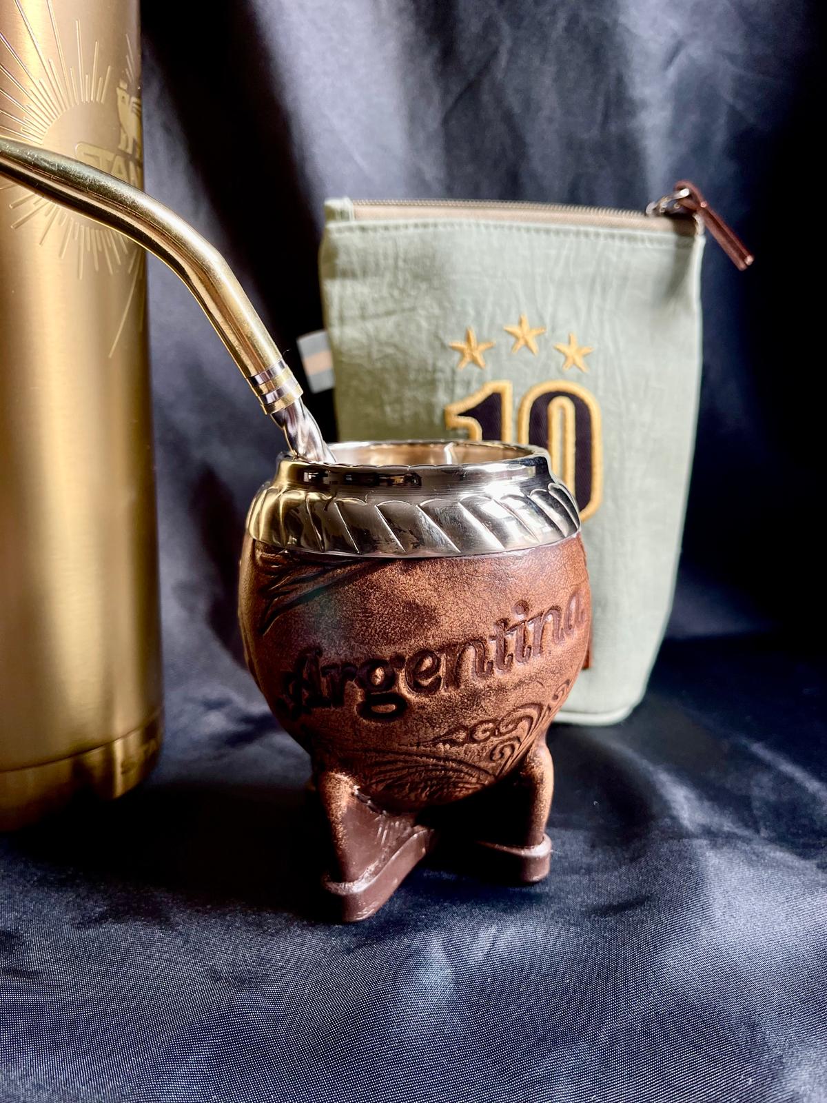 Torpedo Mate Gourd-Handmade in Argentina-Genuine Leather-Hand-Chiseled Alpaca Rim-Argentine Coat of Arms-Luxury Artisan Mate