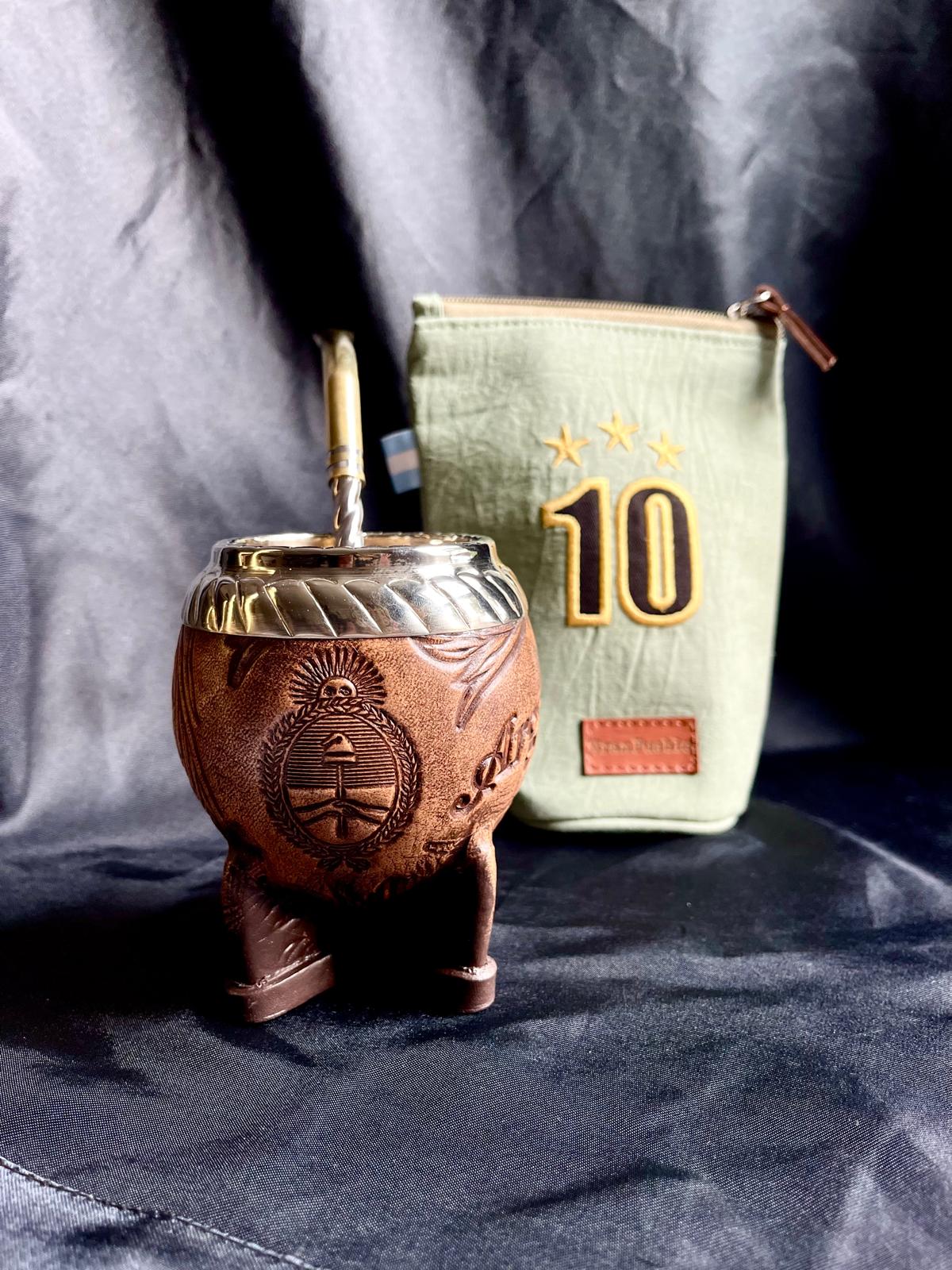 Torpedo Mate Gourd-Handmade in Argentina-Genuine Leather-Hand-Chiseled Alpaca Rim-Argentine Coat of Arms-Luxury Artisan Mate