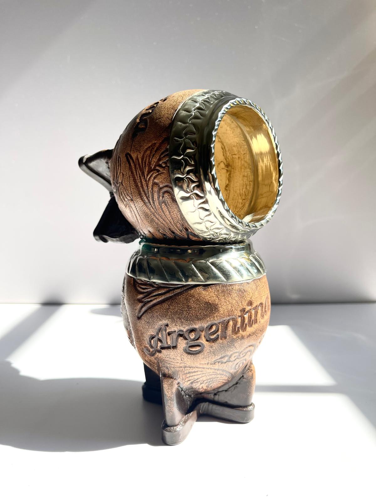 Torpedo Mate Gourd-Handmade in Argentina-Genuine Leather-Hand-Chiseled Alpaca Rim-Argentine Coat of Arms-Luxury Artisan Mate