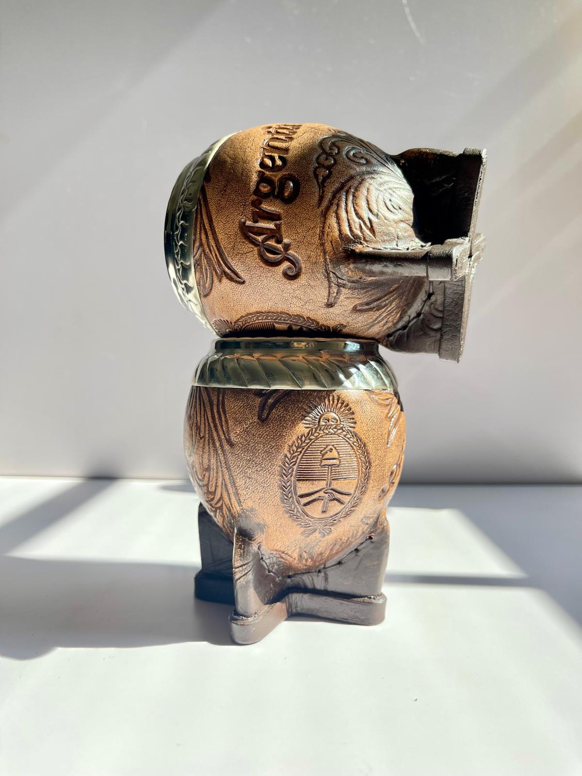 Torpedo Mate Gourd-Handmade in Argentina-Genuine Leather-Hand-Chiseled Alpaca Rim-Argentine Coat of Arms-Luxury Artisan Mate