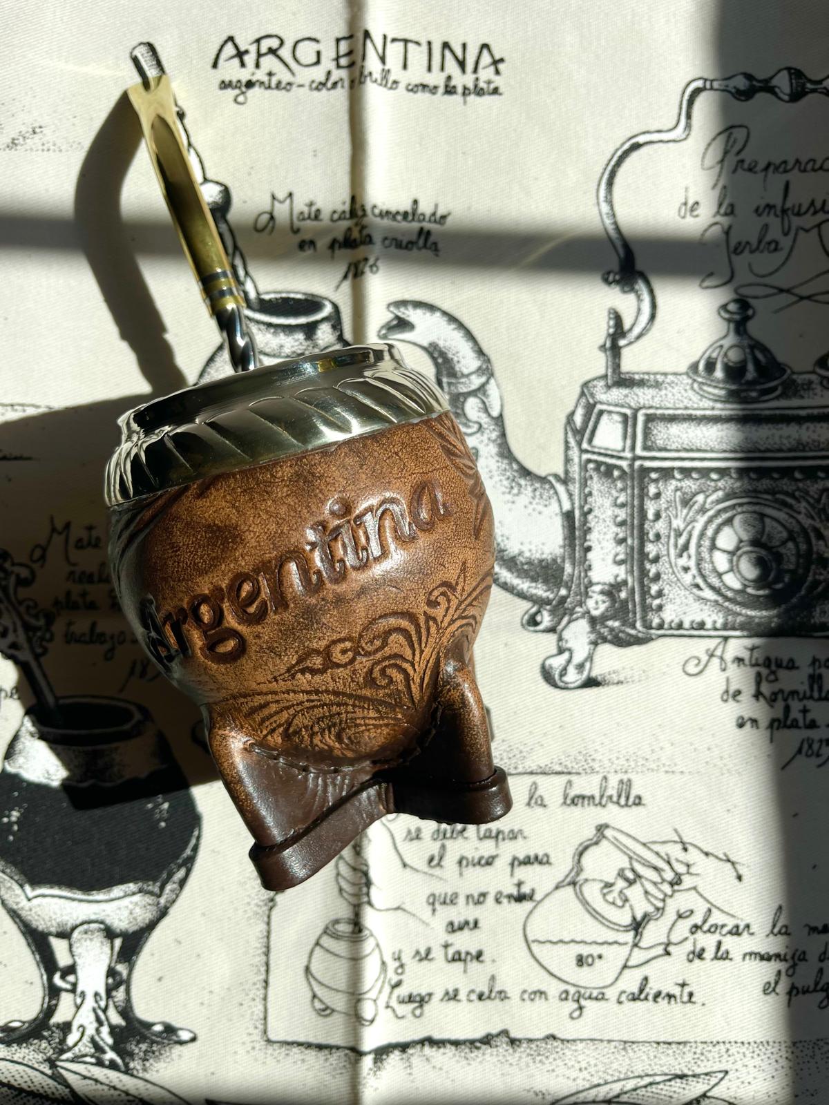 Torpedo Mate Gourd-Handmade in Argentina-Genuine Leather-Hand-Chiseled Alpaca Rim-Argentine Coat of Arms-Luxury Artisan Mate