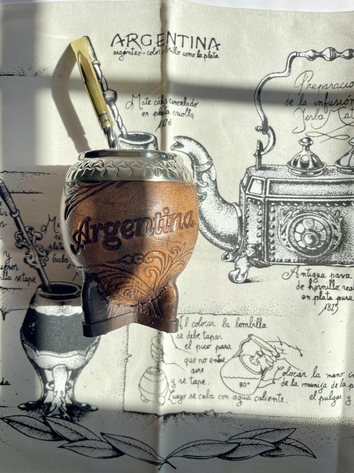 Torpedo Mate Gourd-Handmade in Argentina-Genuine Leather-Hand-Chiseled Alpaca Rim-Argentine Coat of Arms-Luxury Artisan Mate