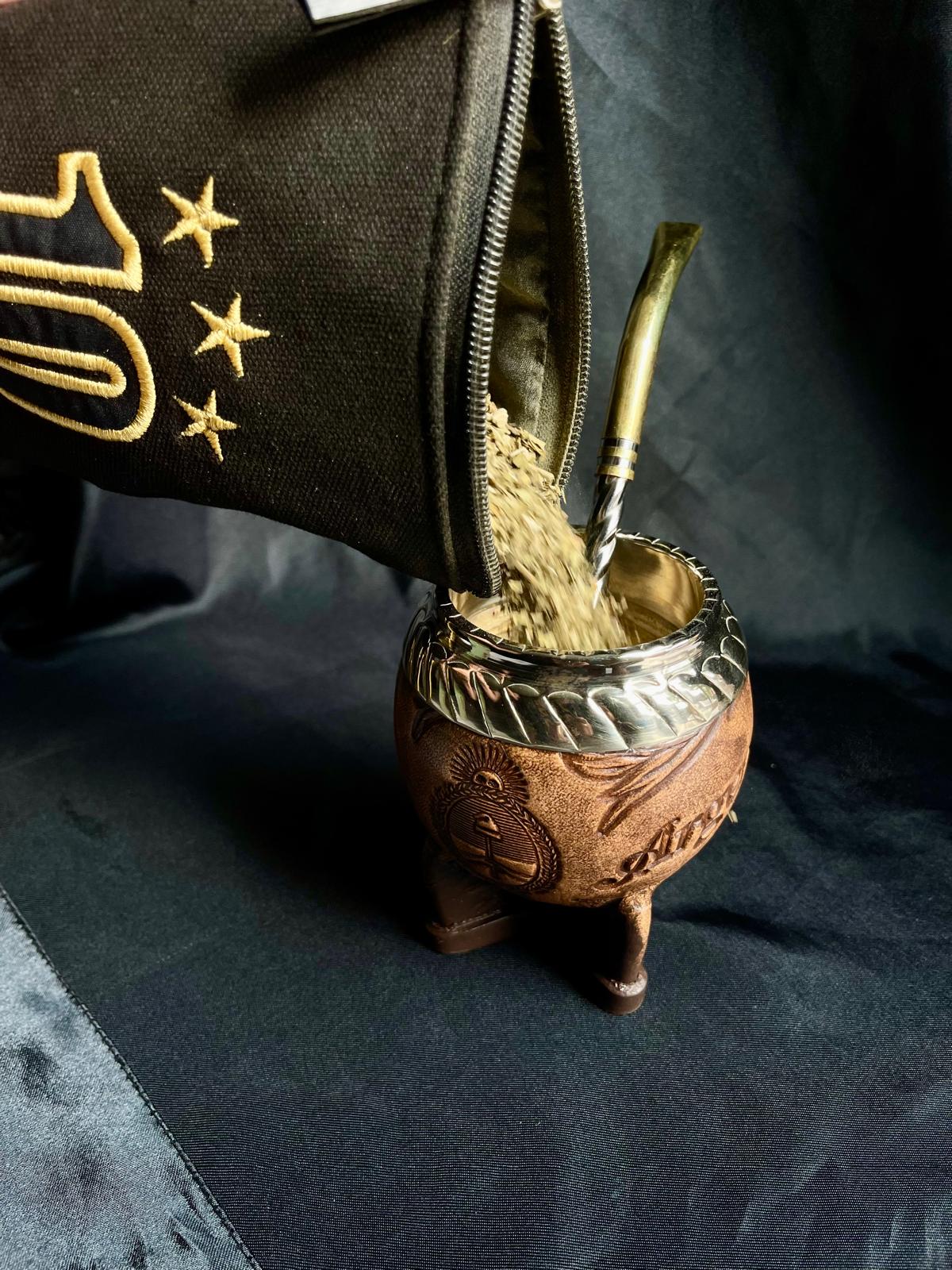 Torpedo Mate Gourd-Handmade in Argentina-Genuine Leather-Hand-Chiseled Alpaca Rim-Argentine Coat of Arms-Luxury Artisan Mate