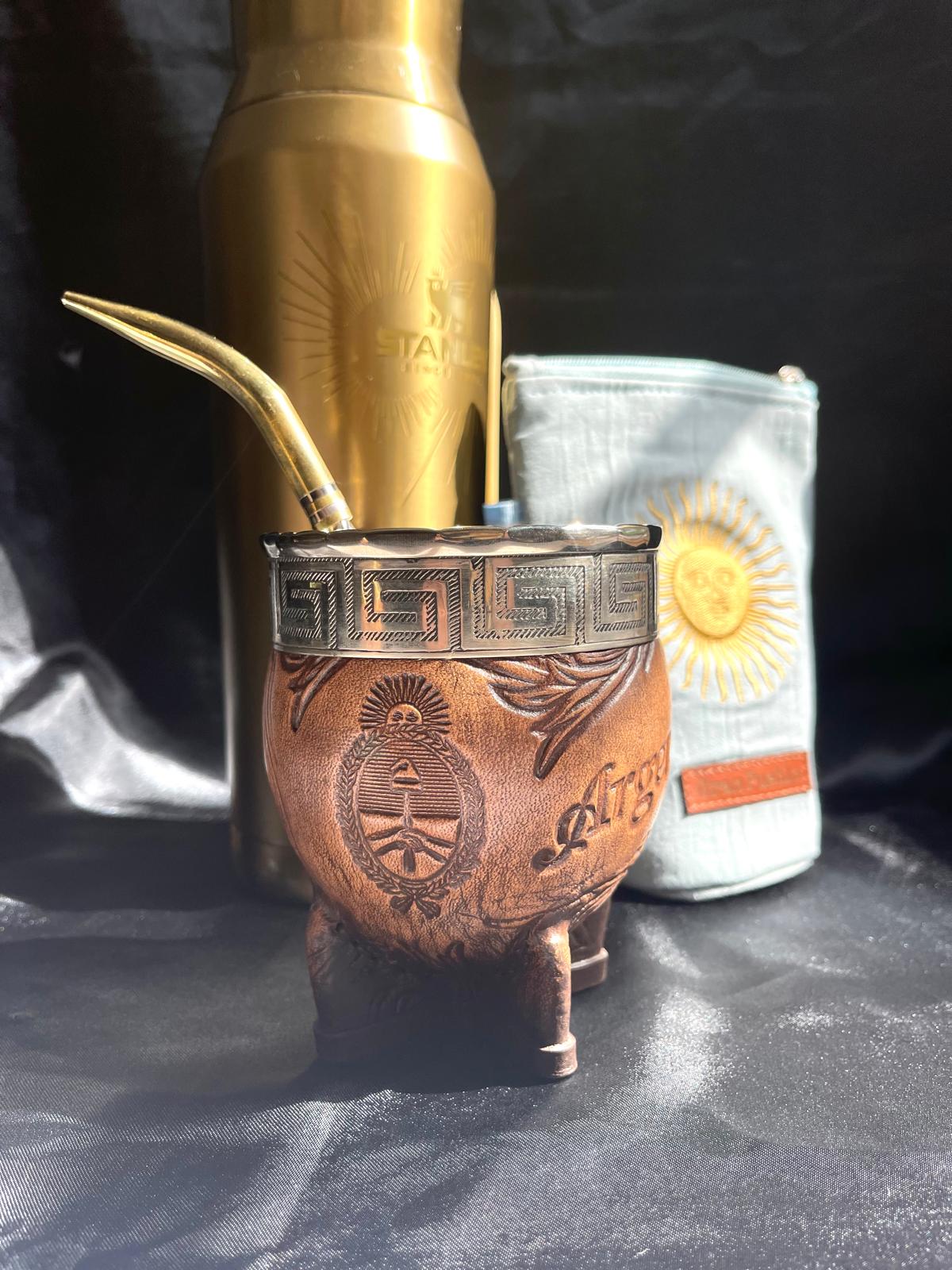Premium Imperial Mate Gourd-Genuine Leather-Chiseled Alpaca Rim-Argentine Coat of Arms