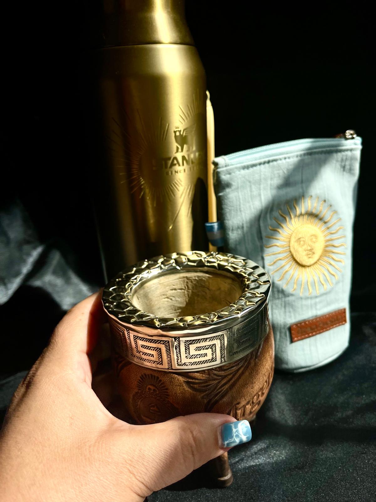 Premium Imperial Mate Gourd-Genuine Leather-Chiseled Alpaca Rim-Argentine Coat of Arms