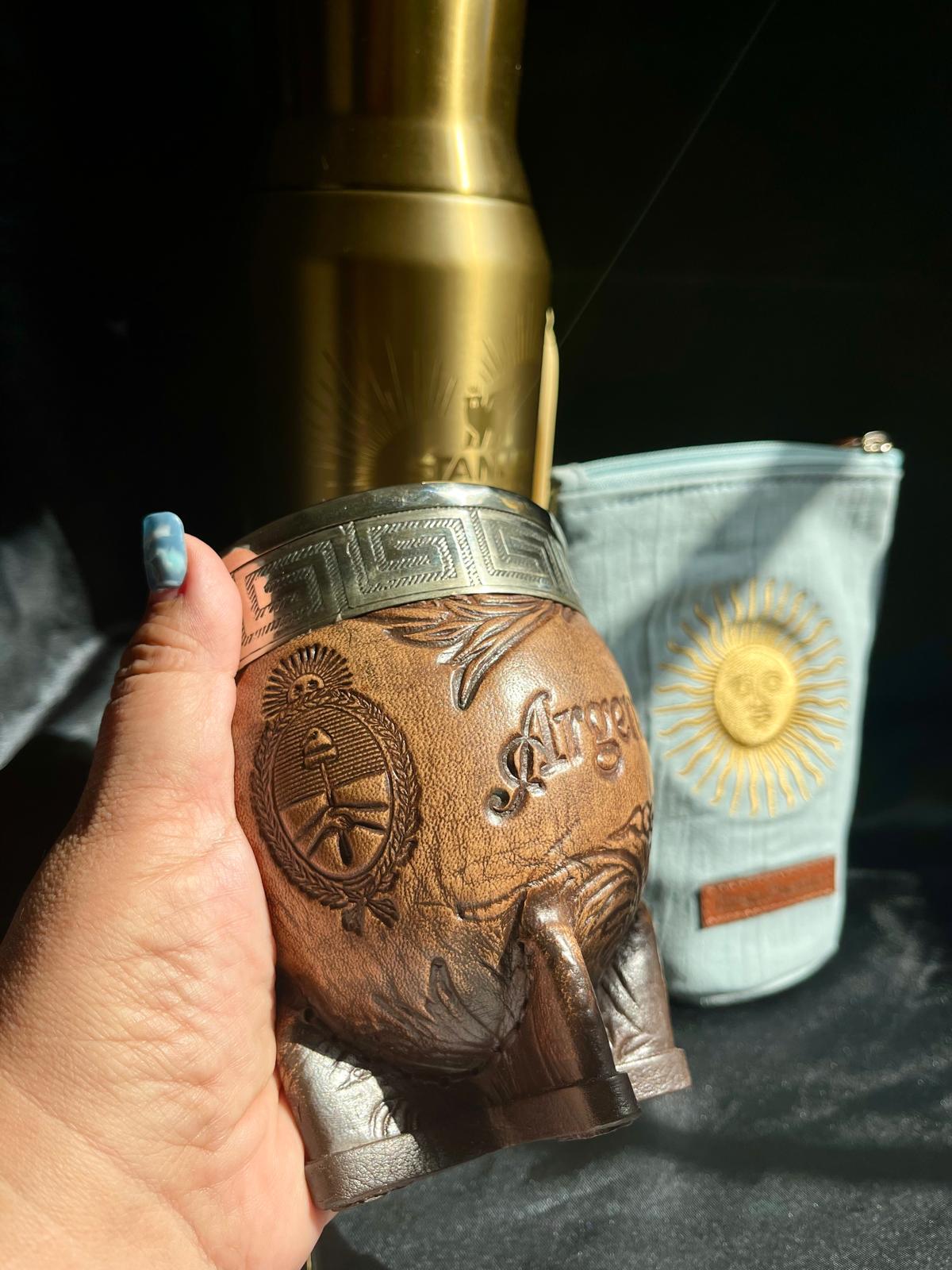 Premium Imperial Mate Gourd-Genuine Leather-Chiseled Alpaca Rim-Argentine Coat of Arms