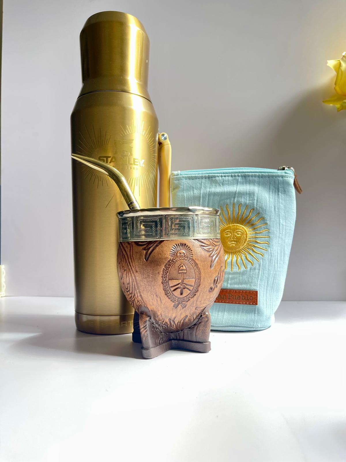 Premium Imperial Mate Gourd-Genuine Leather-Chiseled Alpaca Rim-Argentine Coat of Arms