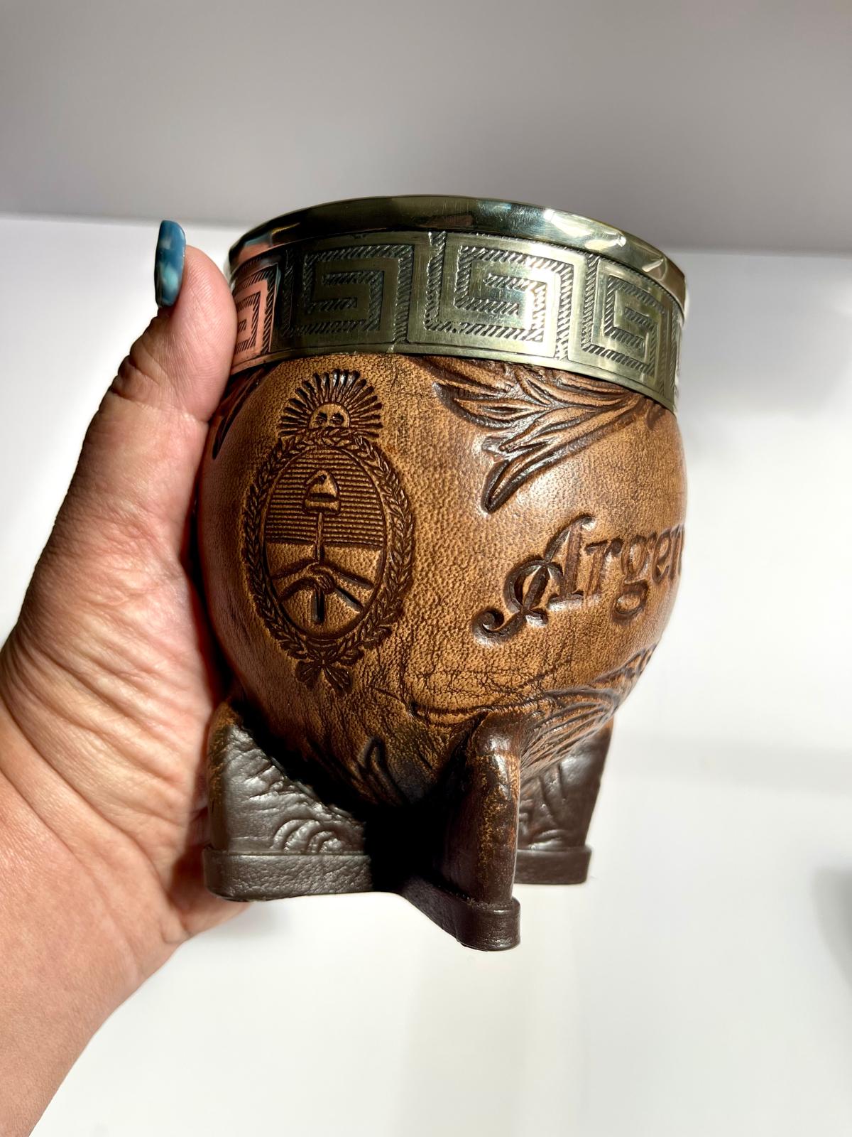 Premium Imperial Mate Gourd-Genuine Leather-Chiseled Alpaca Rim-Argentine Coat of Arms