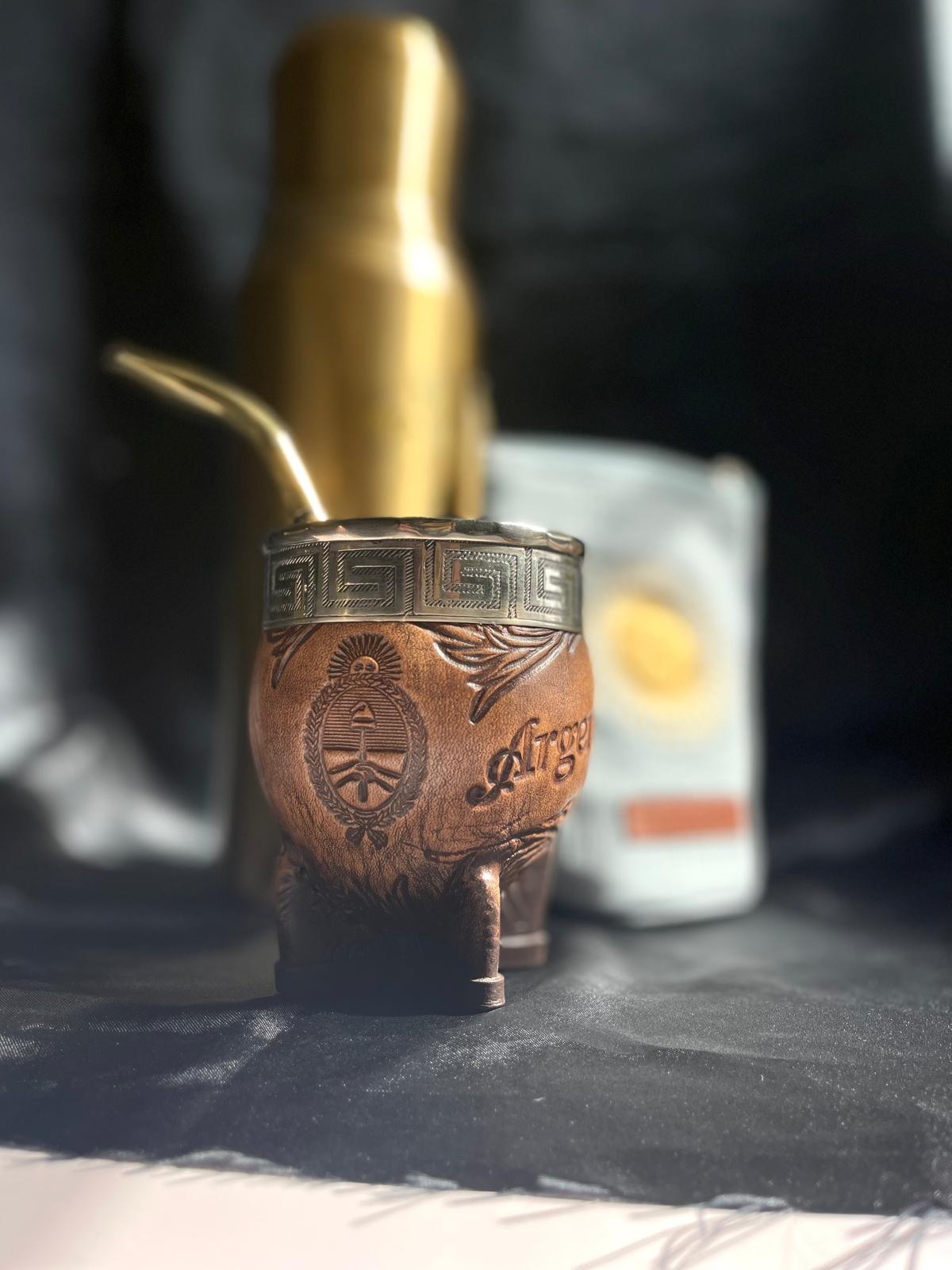 Premium Imperial Mate Gourd-Genuine Leather-Chiseled Alpaca Rim-Argentine Coat of Arms