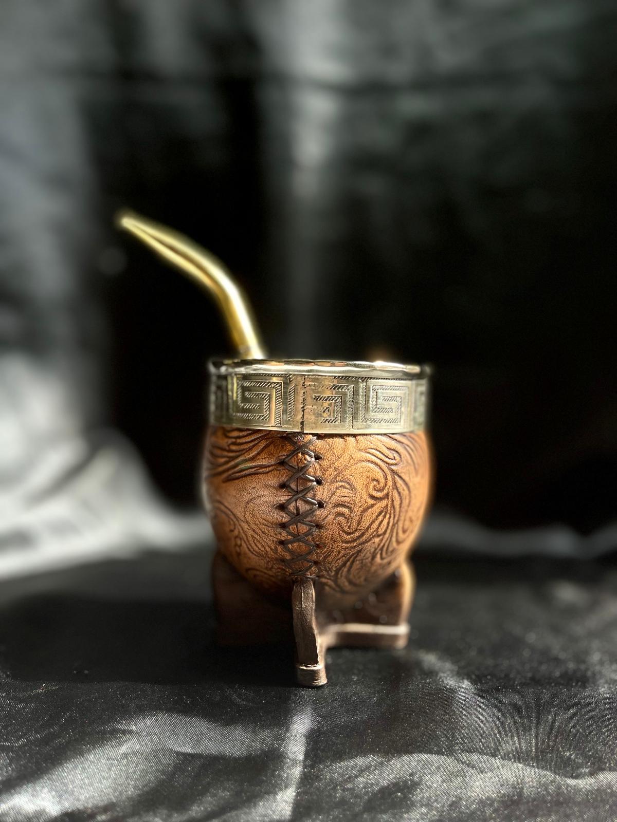 Premium Imperial Mate Gourd-Genuine Leather-Chiseled Alpaca Rim-Argentine Coat of Arms