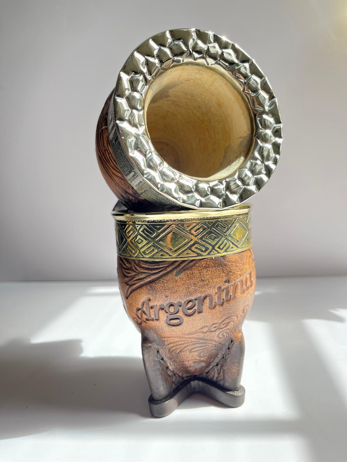 Premium Imperial Mate Gourd-Genuine Leather-Chiseled Alpaca Rim-Argentine Coat of Arms