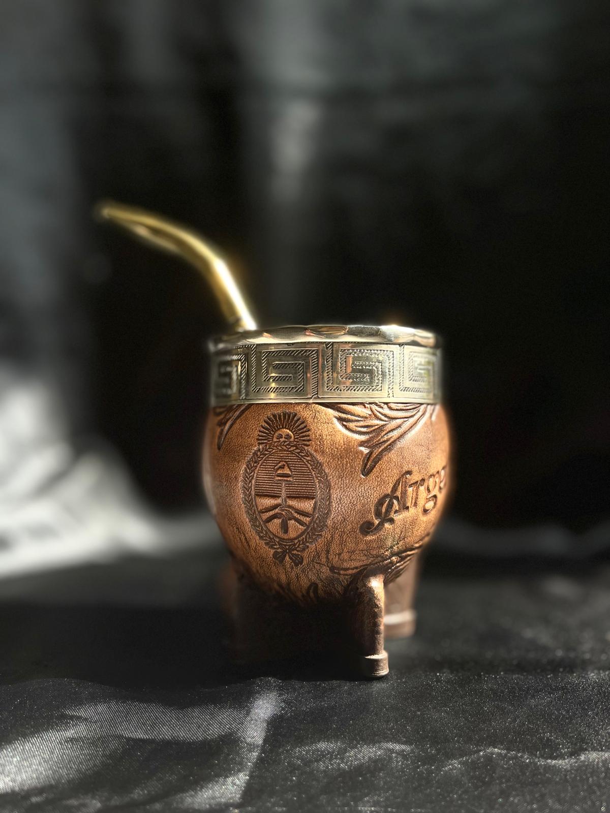 Premium Imperial Mate Gourd-Genuine Leather-Chiseled Alpaca Rim-Argentine Coat of Arms
