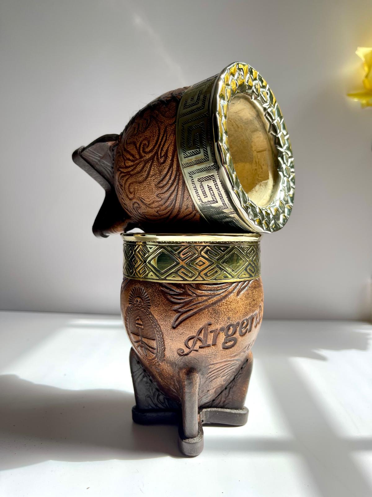 Premium Imperial Mate Gourd-Genuine Leather-Chiseled Alpaca Rim-Argentine Coat of Arms