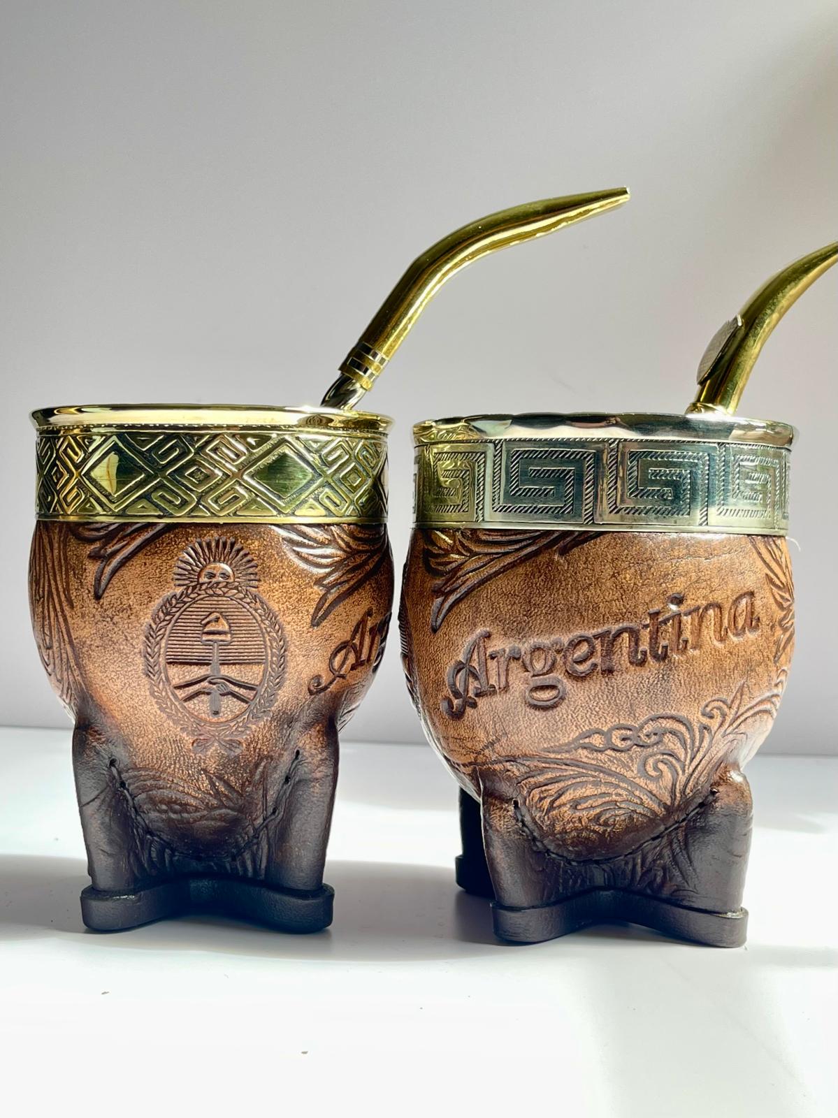 Premium Imperial Mate Gourd-Genuine Leather-Hand-Chiseled Bronze Rim-Argentine Coat of Arms