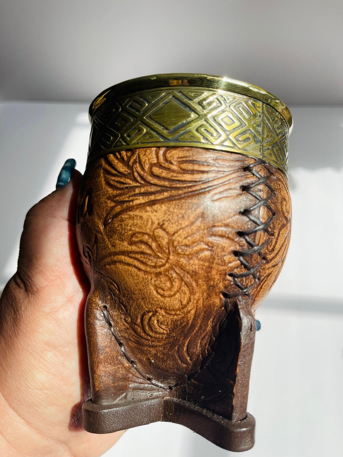 Premium Imperial Mate Gourd-Genuine Leather-Hand-Chiseled Bronze Rim-Argentine Coat of Arms