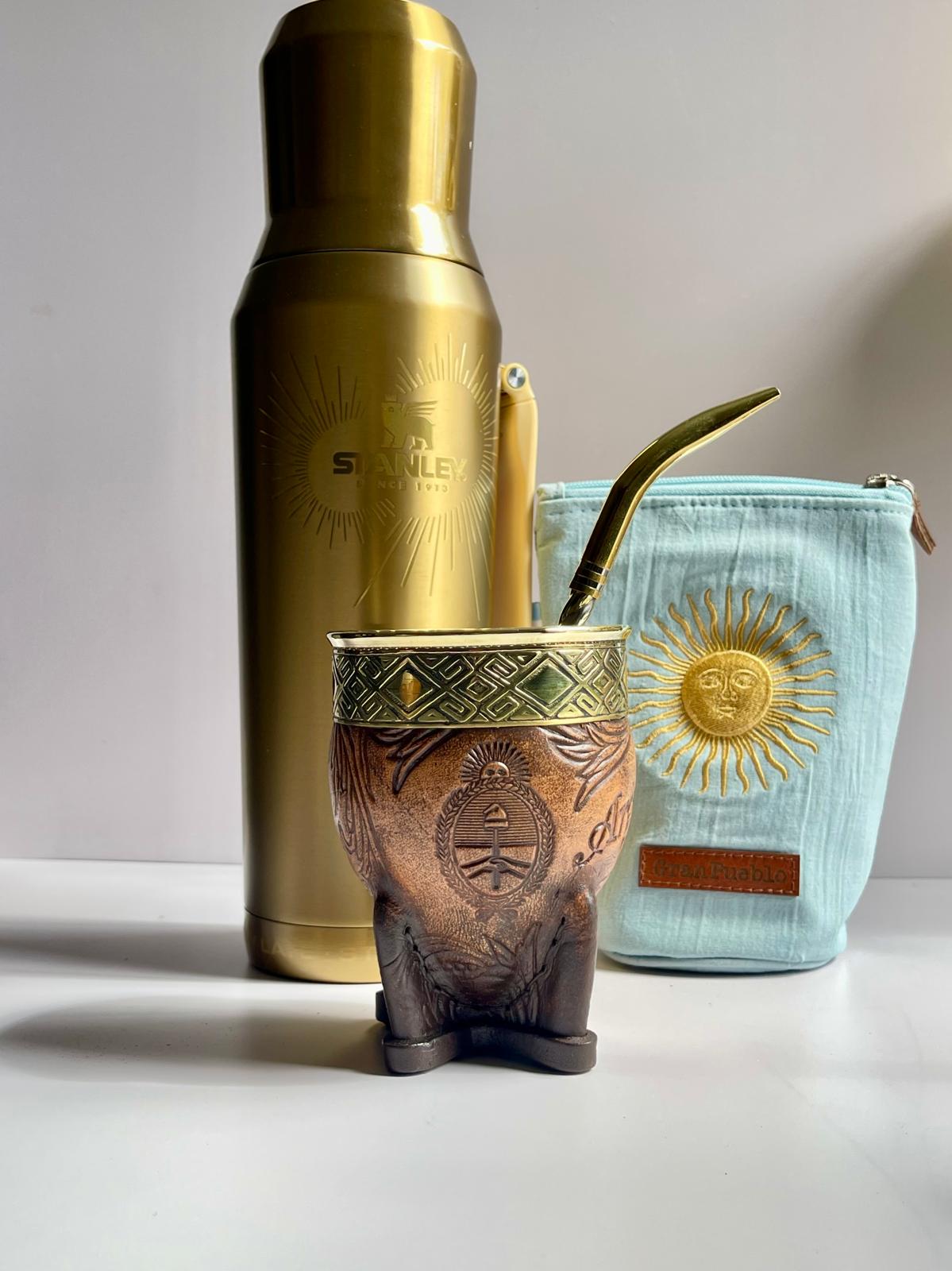 Premium Imperial Mate Gourd-Genuine Leather-Hand-Chiseled Bronze Rim-Argentine Coat of Arms