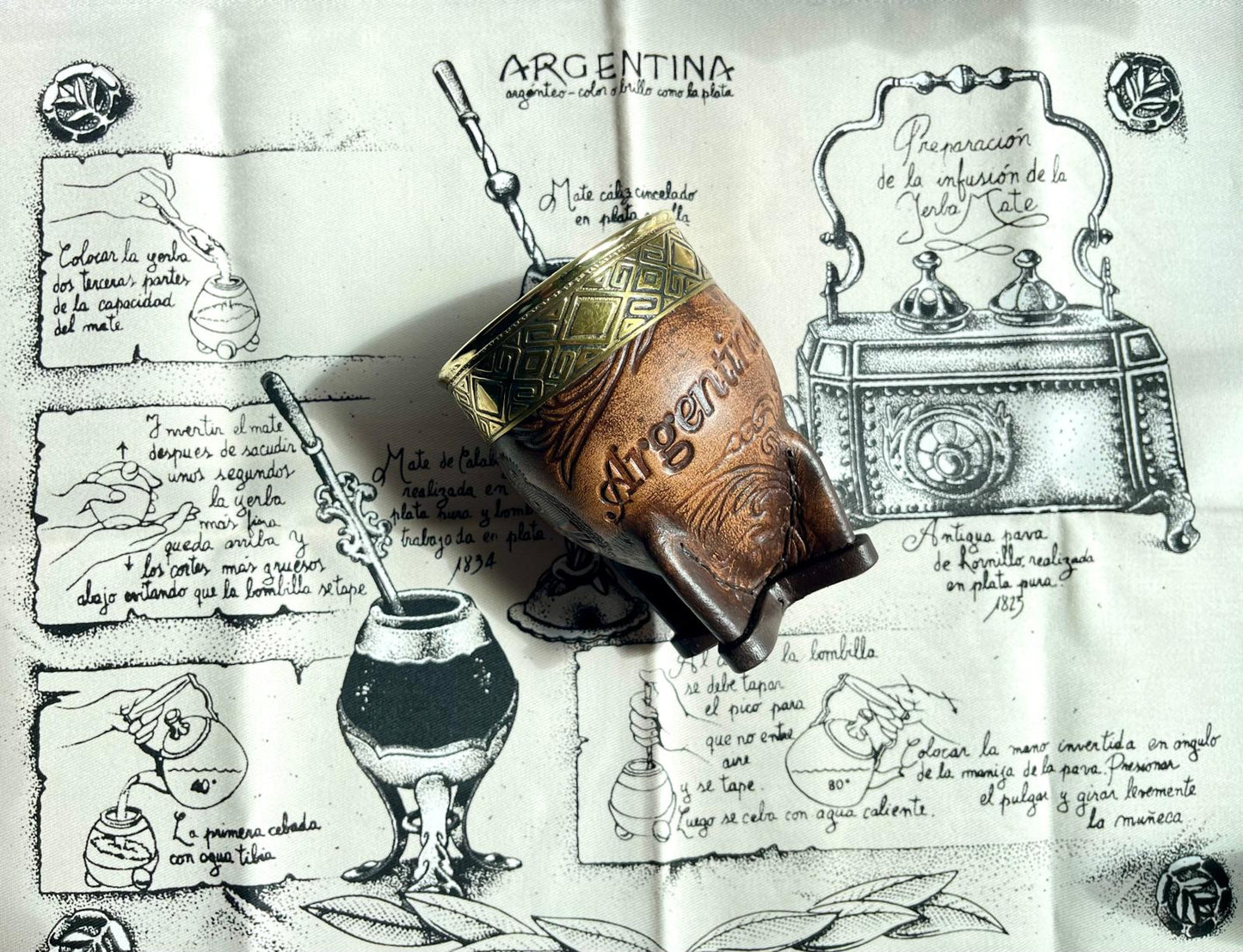 Premium Imperial Mate Gourd-Genuine Leather-Hand-Chiseled Bronze Rim-Argentine Coat of Arms