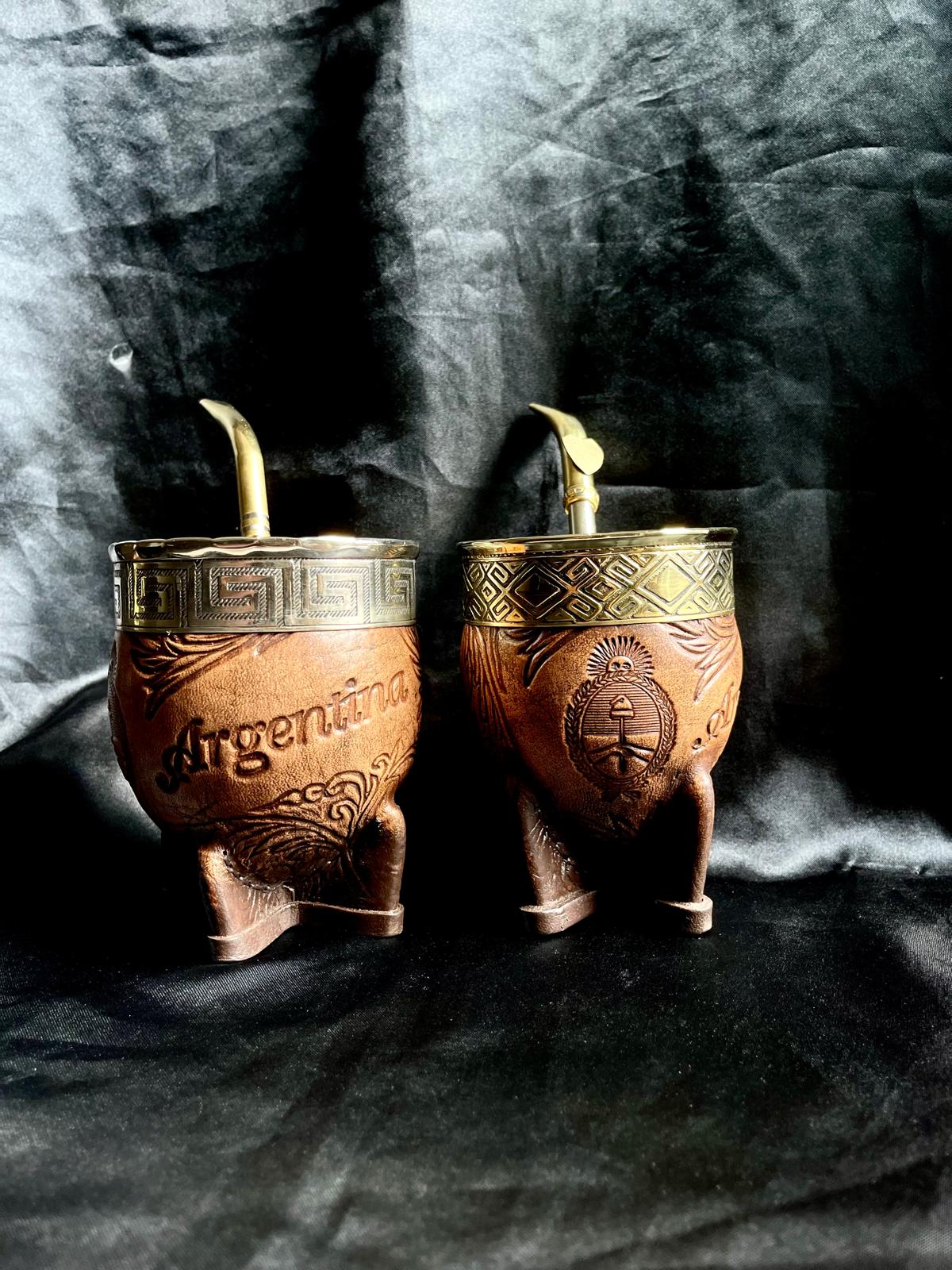 Premium Imperial Mate Gourd-Genuine Leather-Hand-Chiseled Bronze Rim-Argentine Coat of Arms