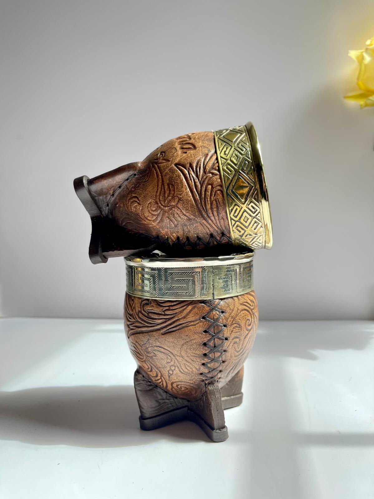 Premium Imperial Mate Gourd-Genuine Leather-Hand-Chiseled Bronze Rim-Argentine Coat of Arms