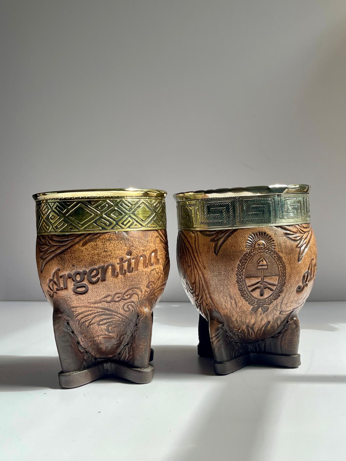 Premium Imperial Mate Gourd-Genuine Leather-Hand-Chiseled Bronze Rim-Argentine Coat of Arms