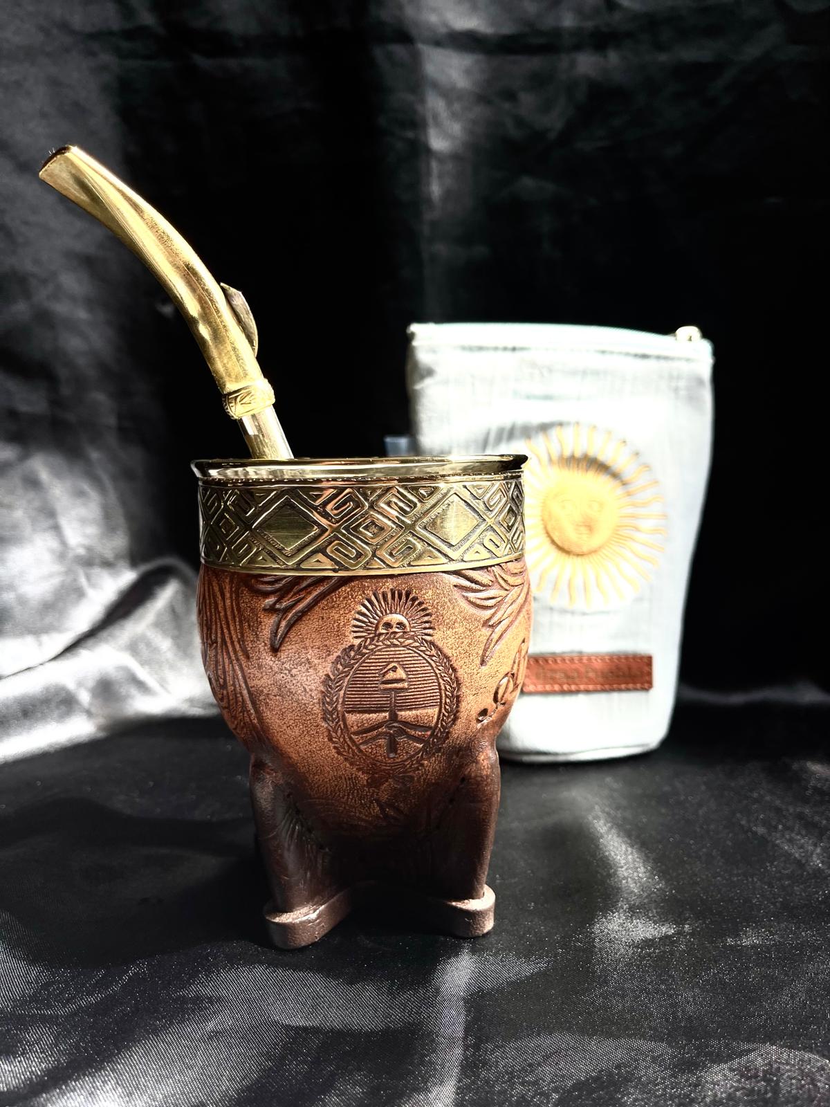 Premium Imperial Mate Gourd-Genuine Leather-Hand-Chiseled Bronze Rim-Argentine Coat of Arms