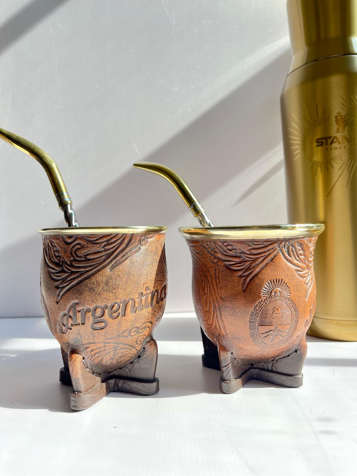 Camionero Mate Gourd - Handmade in Argentina - Genuine Leather - Hand-Chiseled Alpaca Rim -Argentine Coat of Arms - Luxury Artisan Mate