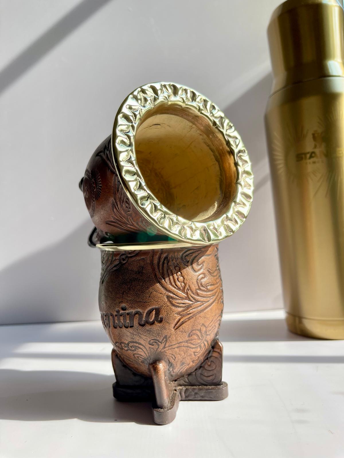 Camionero Mate Gourd - Handmade in Argentina - Genuine Leather - Hand-Chiseled Alpaca Rim -Argentine Coat of Arms - Luxury Artisan Mate