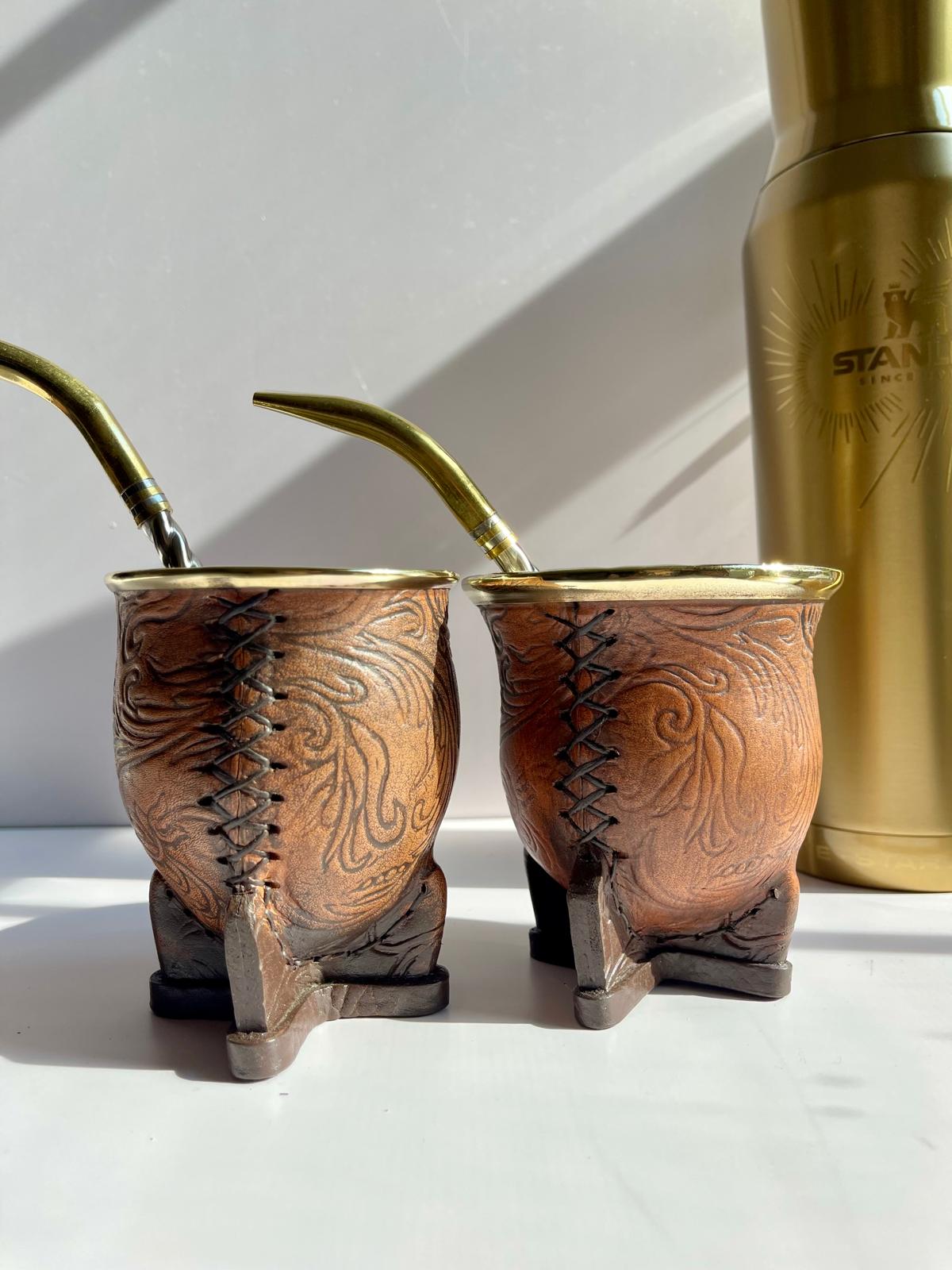 Camionero Mate Gourd - Handmade in Argentina - Genuine Leather - Hand-Chiseled Alpaca Rim -Argentine Coat of Arms - Luxury Artisan Mate