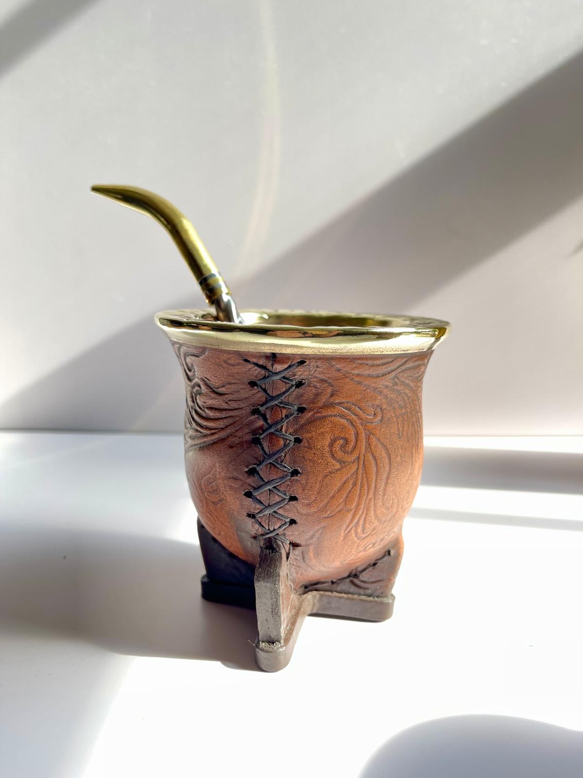 Camionero Mate Gourd - Handmade in Argentina - Genuine Leather - Hand-Chiseled Alpaca Rim -Argentine Coat of Arms - Luxury Artisan Mate