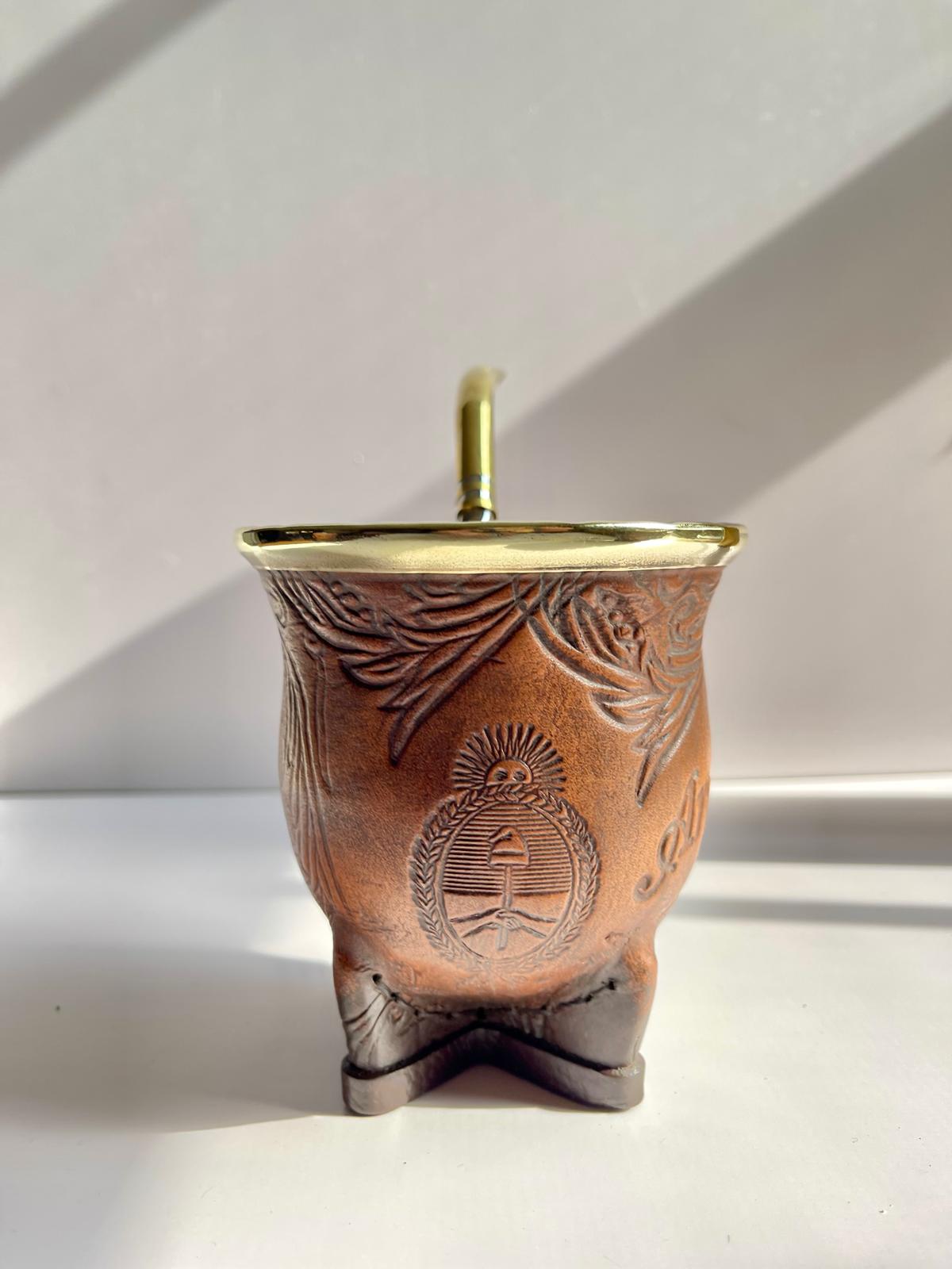 Camionero Mate Gourd - Handmade in Argentina - Genuine Leather - Hand-Chiseled Alpaca Rim -Argentine Coat of Arms - Luxury Artisan Mate