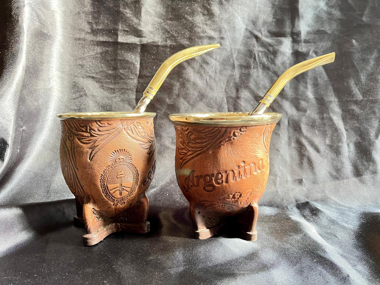 Camionero Mate Gourd - Handmade in Argentina - Genuine Leather - Hand-Chiseled Alpaca Rim -Argentine Coat of Arms - Luxury Artisan Mate