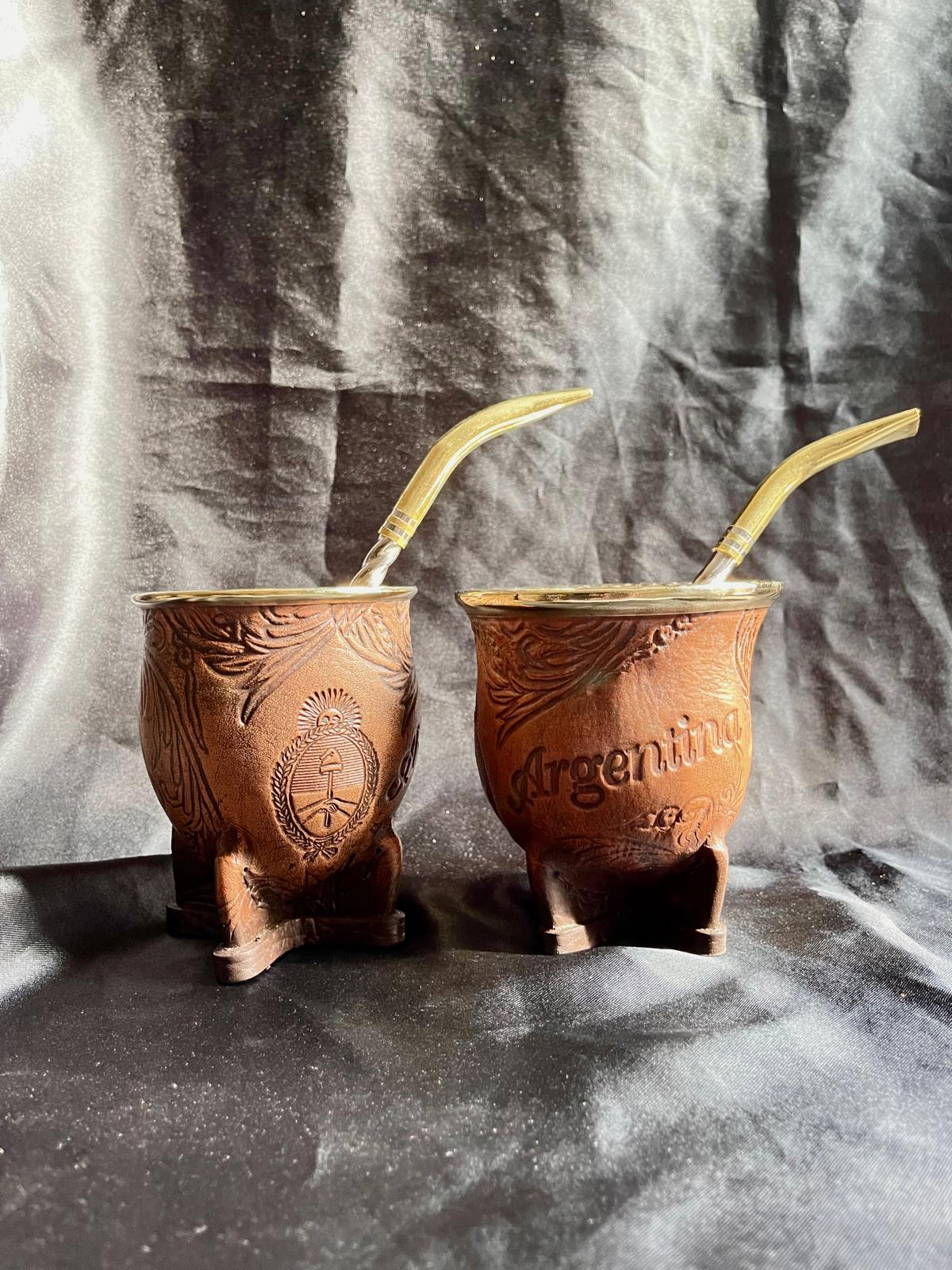Camionero Mate Gourd - Handmade in Argentina - Genuine Leather - Hand-Chiseled Alpaca Rim -Argentine Coat of Arms - Luxury Artisan Mate