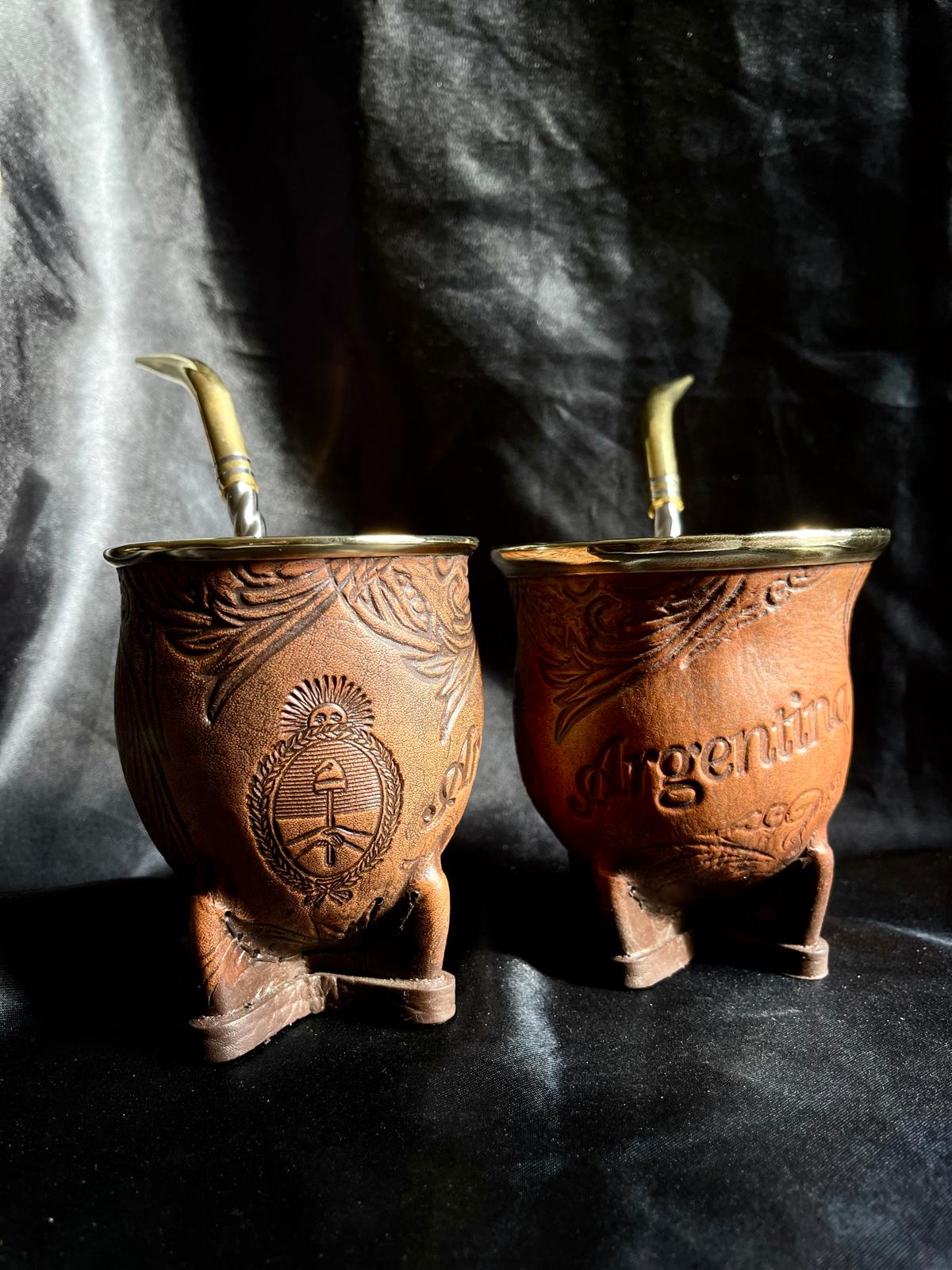 Camionero Mate Gourd - Handmade in Argentina - Genuine Leather - Hand-Chiseled Alpaca Rim -Argentine Coat of Arms - Luxury Artisan Mate