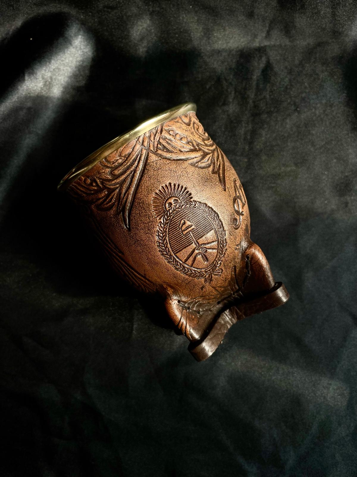 Camionero Mate Gourd - Handmade in Argentina - Genuine Leather - Hand-Chiseled Alpaca Rim -Argentine Coat of Arms - Luxury Artisan Mate