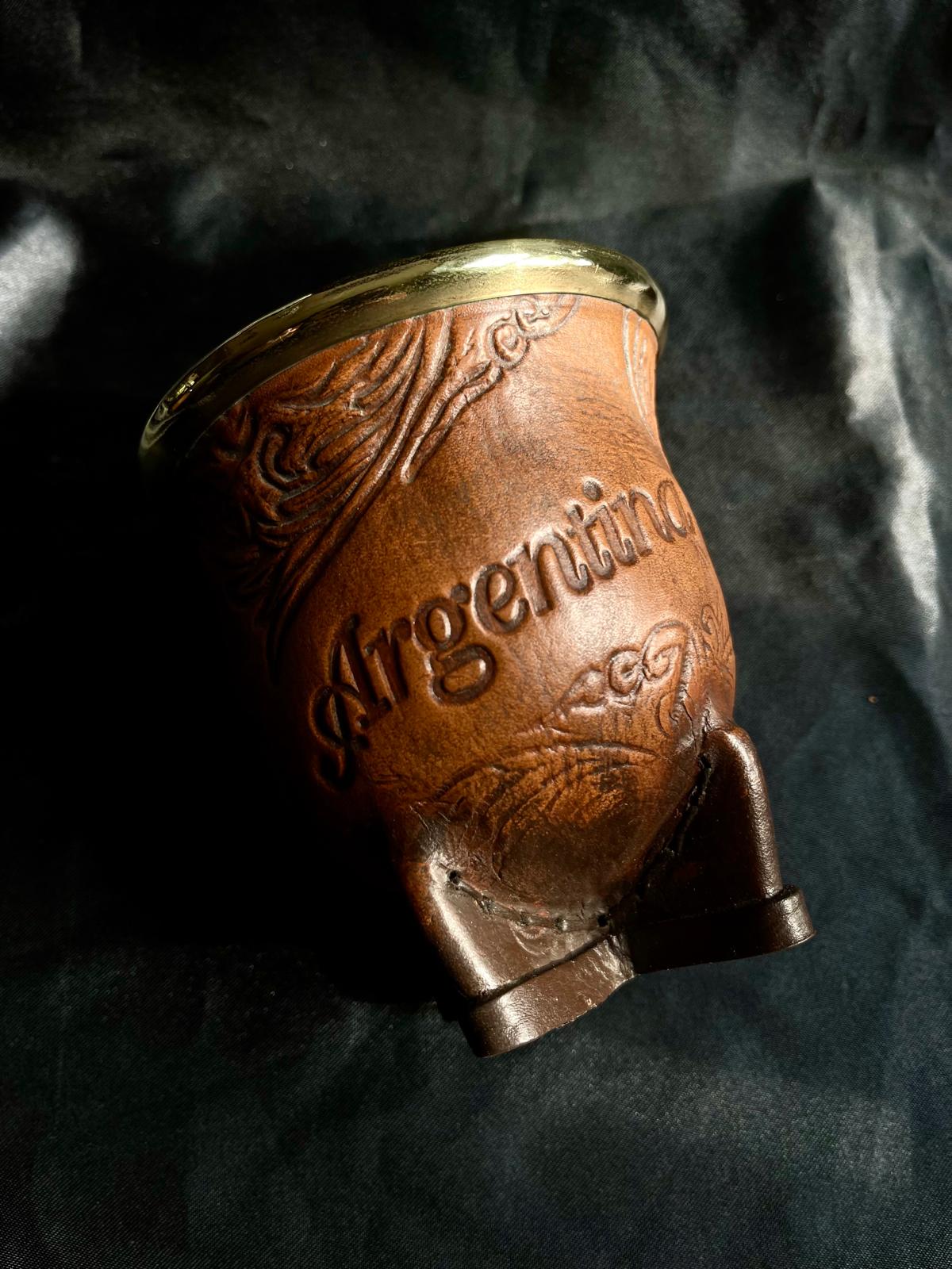Camionero Mate Gourd - Handmade in Argentina - Genuine Leather - Hand-Chiseled Alpaca Rim -Argentine Coat of Arms - Luxury Artisan Mate