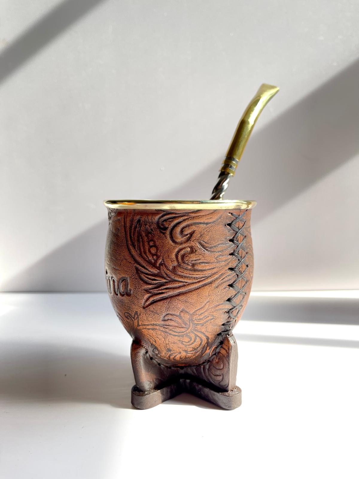 Camionero Mate Gourd - Handmade in Argentina - Genuine Leather - Hand-Chiseled Alpaca Rim -Argentine Coat of Arms - Luxury Artisan Mate