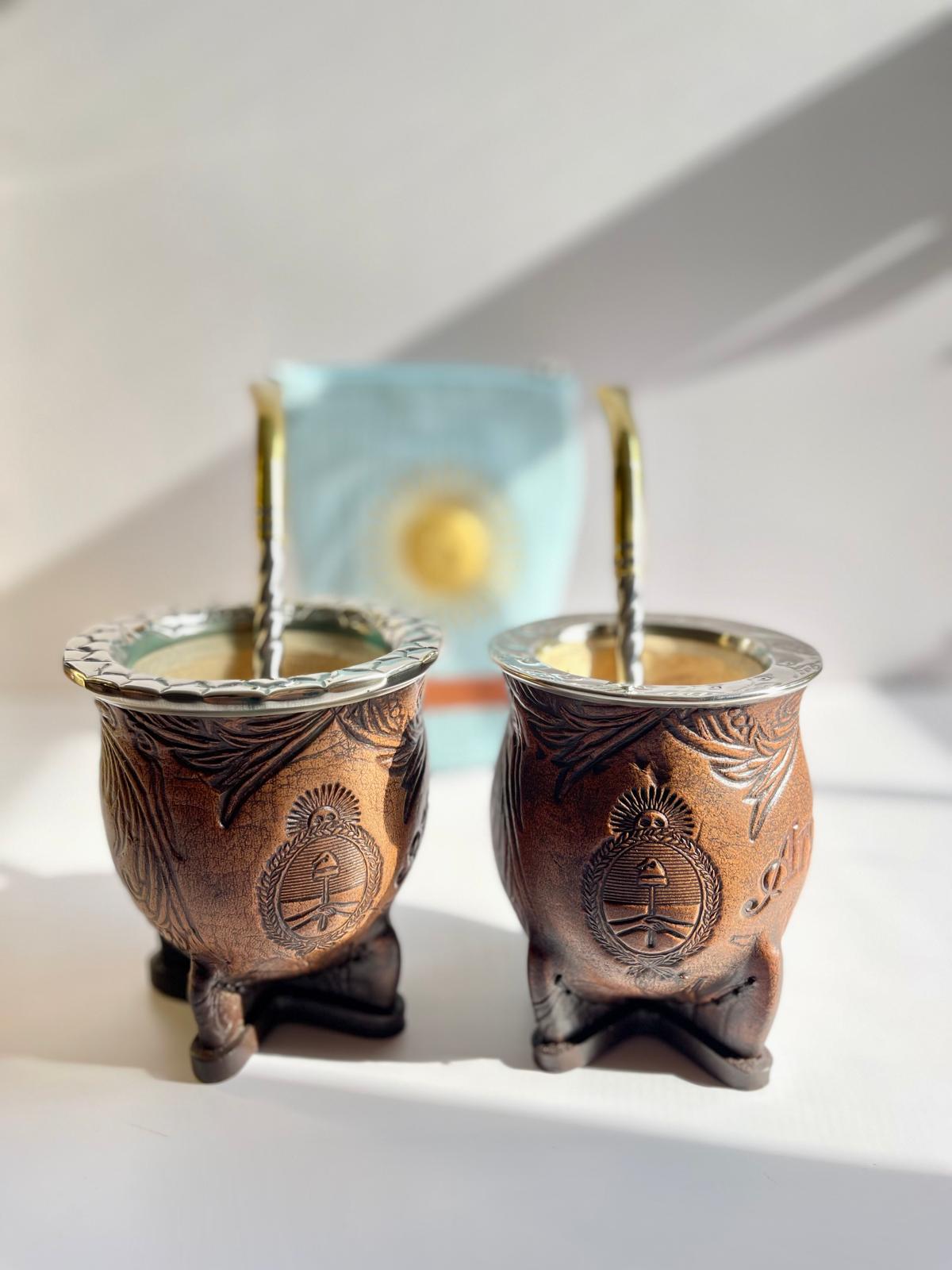 Camionero Mate Gourd - Handmade in Argentina - Genuine Leather - Hand-Chiseled Alpaca Rim -Argentine Coat of Arms - Luxury Artisan Mate