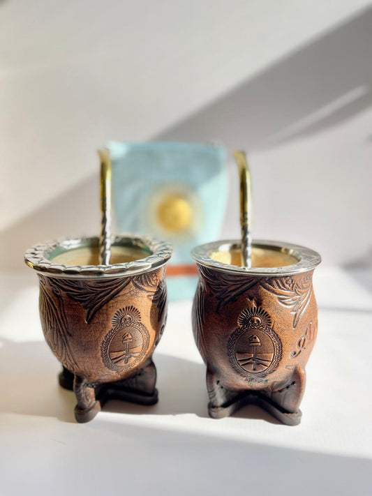 Camionero Mate Gourd - Handmade in Argentina - Genuine Leather - Hand-Chiseled Alpaca Rim -Argentine Coat of Arms - Luxury Artisan Mate