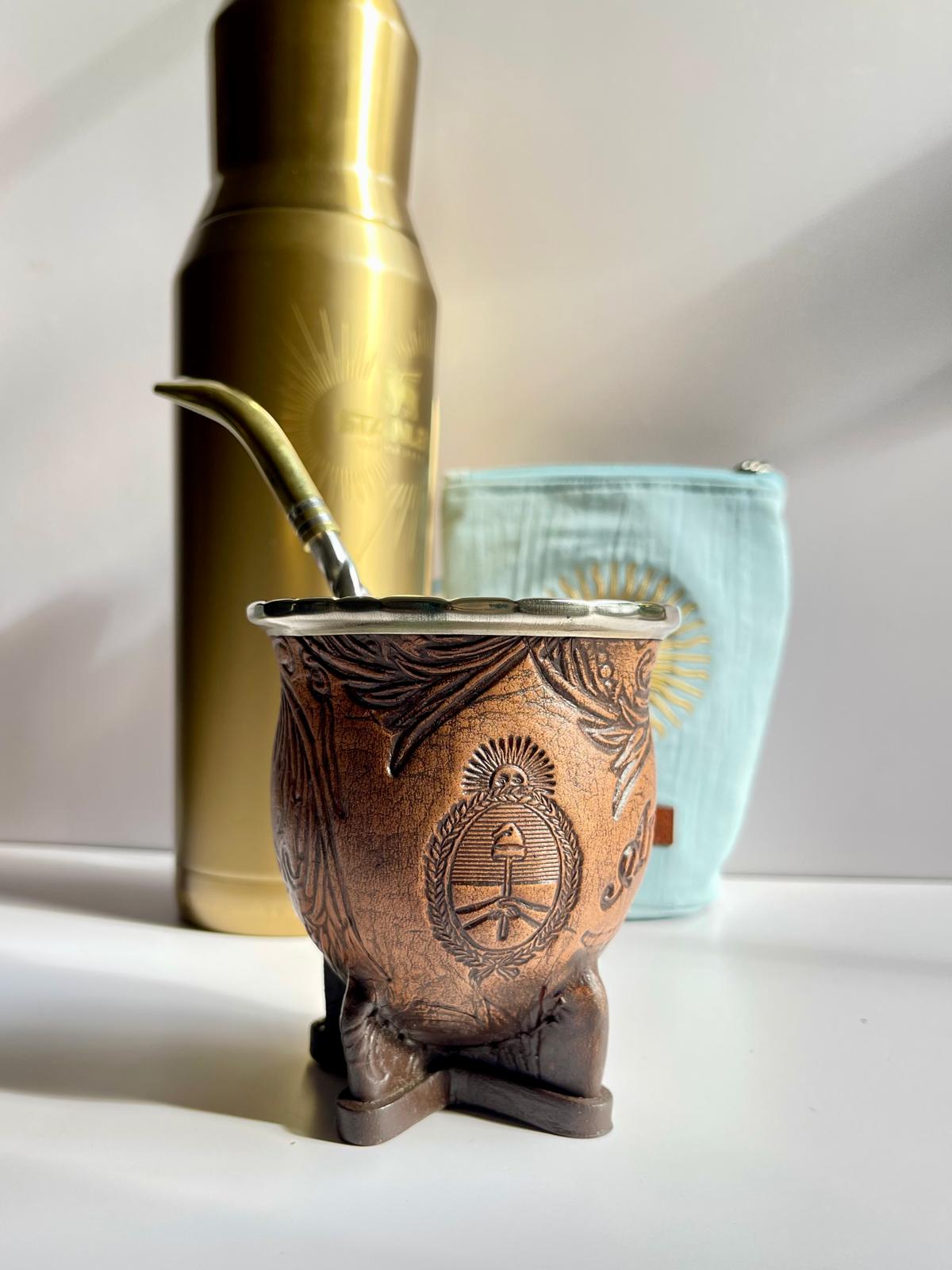 Camionero Mate Gourd - Handmade in Argentina - Genuine Leather - Hand-Chiseled Alpaca Rim -Argentine Coat of Arms - Luxury Artisan Mate